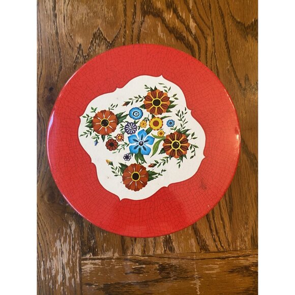 Vintage Round Red Floral Metal Tin Container With Lid Deer Park Wildflower Desig - Picture 2 of 8